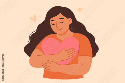 Happy woman embracing a big heart. Self love, self care, and self acceptance concept vector illustration. Positive psychology, mental health, and emotional wellbeing. Body positivity.