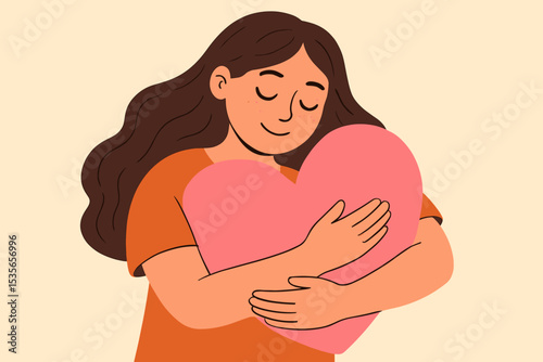 Embracing self-love concept with a happy woman hugging a pink heart. Self-care, acceptance and kindness. Mental health, emotional wellbeing and positive psychology vector.