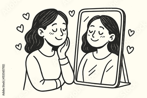 Happy woman looking at reflection in mirror with love and acceptance. Self-love, self-care and body positivity concept. Psychology and mental health. High self esteem vector.