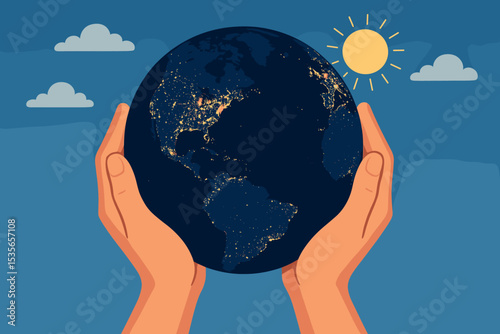 Hands holding planet Earth at night with glowing city lights. Environmental concept of care, protection, and sustainability. Global responsibility for Earth Day. Vector illustration.