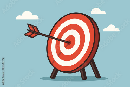 Arrow in the bullseye. Target success concept. Business goal achievement metaphor. Hitting the mark for marketing strategy and objectives. Vector illustration of accuracy and focus.