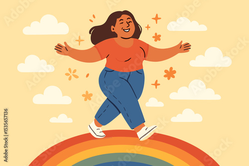 Happy plus size woman walking on a rainbow. Body positivity and self love concept illustration. Confident curvy girl feeling joyful, free, and empowered. Mental health metaphor.