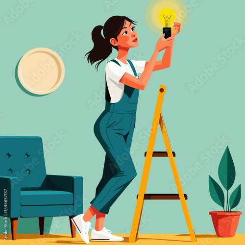 Woman Changing a Light Bulb Indoors - Home Maintenance, Energy Efficiency, and Sustainable Living Illustration