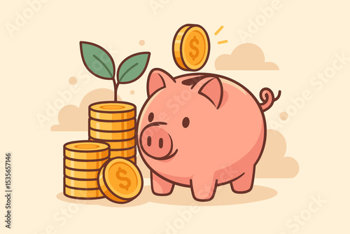 Piggy bank savings concept with plant growing from gold coins. Financial investment and wealth accumulation. Metaphor for money growth, budget, economy, personal finance, banking.