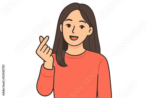Cute smiling young woman making a Korean finger heart gesture. K-pop love sign, a symbol of affection and appreciation. Vector cartoon character illustration isolated on white.