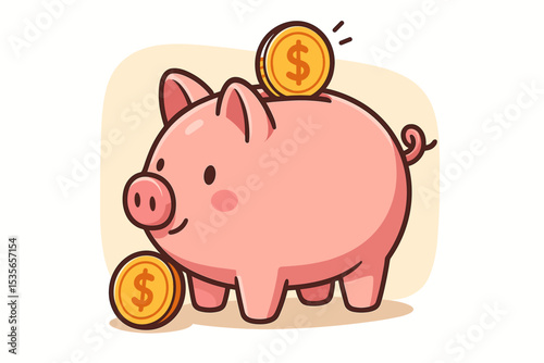 Cute cartoon piggy bank with dollar coins. Concept of saving money, investment, and personal finance. Financial literacy, banking, budget, and economy vector illustration. Wealth.
