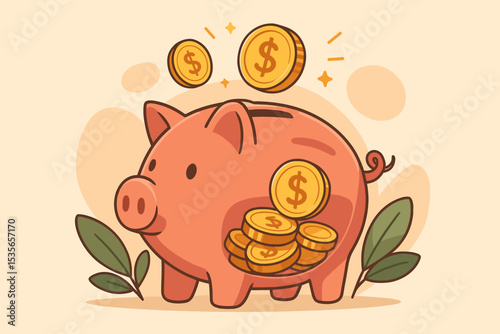 Piggy bank with golden dollar coins. Concept of saving money for the future. Financial investment, wealth management, retirement planning, and budget management cartoon illustration.