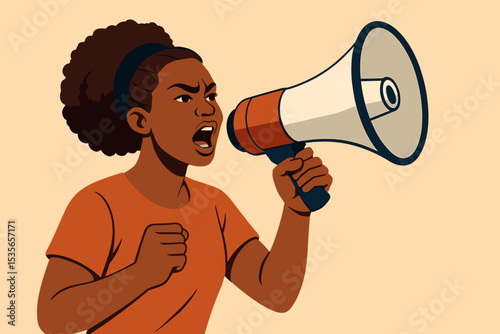 Empowered Black woman activist shouting in megaphone at protest rally. Female leader fighting for rights, equality, and social justice. Concept of revolution, power, and demonstration.
