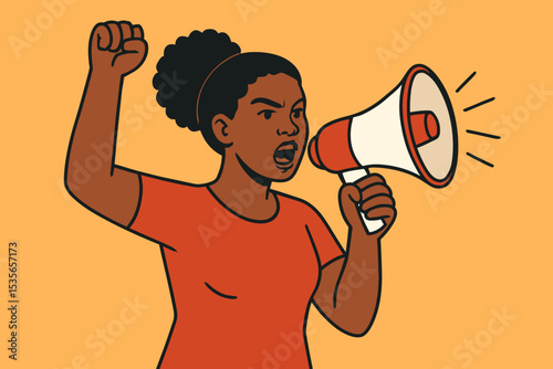 Strong black woman activist shouting into a megaphone with a raised fist. Concept of protest, feminism, social justice, and empowerment. Vector for civil rights and equality.