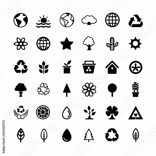 Create a set of diverse, visually appealing icons representing key aspects of Earth and environmental protection.  Include recycling, pollution, renewable energy, and conservation symbols.