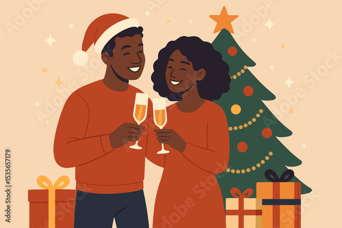 Festive Black couple toasting on Christmas Eve. Happy African American man and woman celebrating holidays with champagne near a decorated tree and presents. New Year vector concept.
