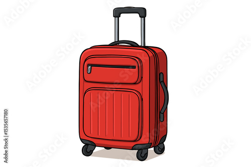 Red travel suitcase vector illustration. Isolated roller luggage with wheels for vacation or business trip. Cartoon trolley bag concept for tourism, transport, journey and airport.