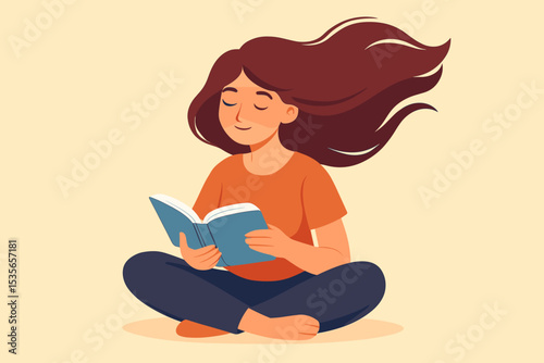 Dreaming woman reading a book while sitting on the floor. Peaceful girl lost in imagination. Concept of education, literature, knowledge, learning, and leisure. Mindful relaxation.