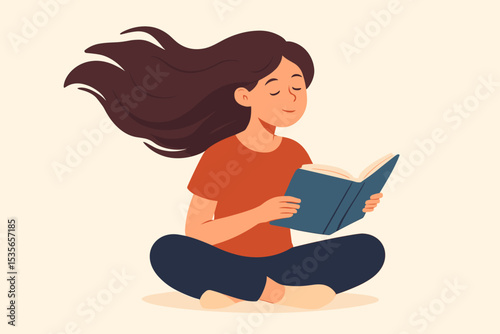 Young woman sitting cross-legged peacefully reading a book. Concept of literature, education, knowledge, imagination, hobby and relaxation. Girl with hair blowing in the wind.