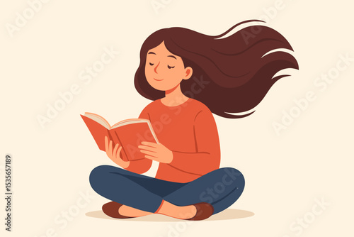 Young woman sitting cross-legged and reading a book. Peaceful girl enjoying a story, lost in imagination. Concept of hobby, education, learning, literature, and quiet leisure.