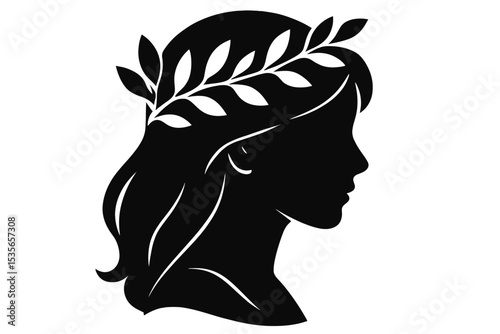 Woman silhouette profile with a laurel wreath. Greek goddess or Roman empress vector icon. Symbol of nature, beauty, spa, victory, and peace. Classic, elegant, feminine concept.