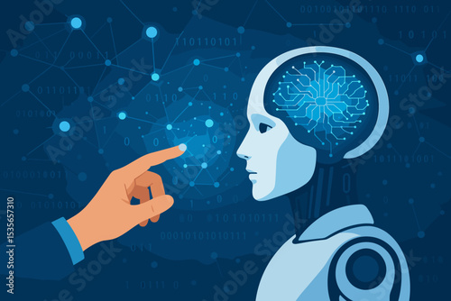 Human hand connecting with an AI robot's digital brain. Concept of artificial intelligence, future technology, machine learning, neural networks, and human-machine collaboration.