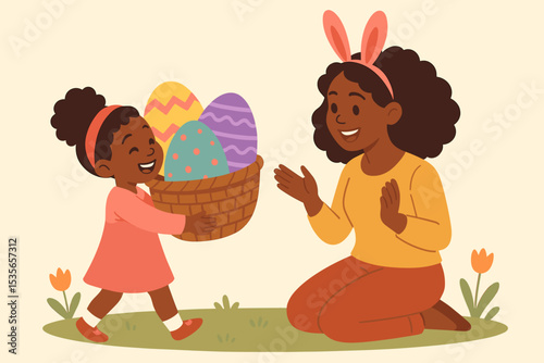 Happy African American mother and daughter celebrating Easter. Little girl giving a basket of decorated eggs to her mom wearing bunny ears. Family togetherness on a spring egg hunt.