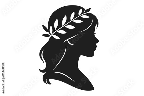 Woman silhouette with laurel wreath. Greek goddess profile. Ancient Roman empress icon. Beauty, nature, and victory concept. Minimalist vector illustration for logo or award design.