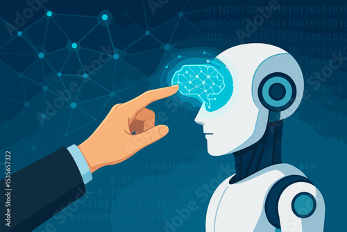 Artificial intelligence concept. Businessman hand activating a robot's digital brain. AI, machine learning, neural network, deep learning, future technology, and innovation.