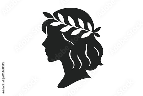 Woman profile silhouette with a laurel wreath, Greek goddess concept. Vector icon for beauty, spa, wellness, nature, organic products. Classic mythological logo, symbol of victory.