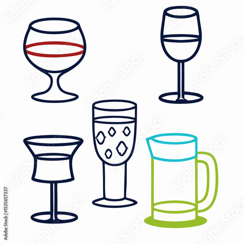 Collection of Drinkware Icons: Glasses, Pitcher,  Line Art