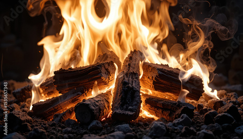 Intense Fire With Burning Charcoal Against Black Background	
