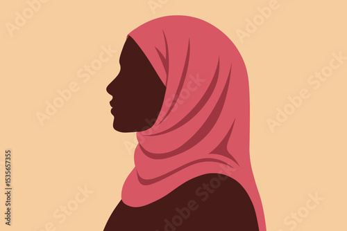 Profile portrait of a strong black Muslim woman in a pink hijab. Side view silhouette. Vector illustration for female empowerment, diversity, Islam, faith, and modern culture.