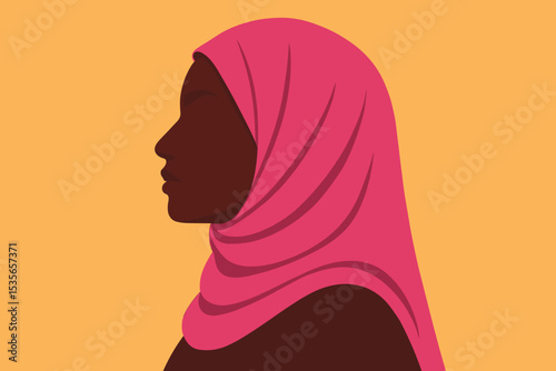 Profile silhouette of a brave black woman wearing a pink hijab. Modern flat vector illustration for muslim culture, faith, diversity, and female empowerment concepts.
