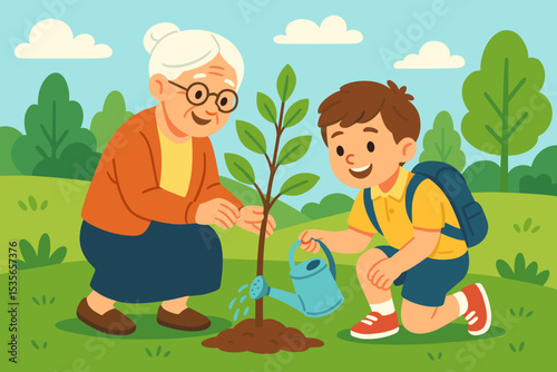 Happy grandmother and grandson planting a tree together. Intergenerational family activity. Child watering a sapling. Concept for nature conservation, environmental education, growth.