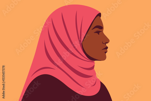 Profile portrait of a strong Muslim woman in hijab. Vector illustration of a black woman representing courage, pride, and empowerment. Concept of diversity, feminism and identity.