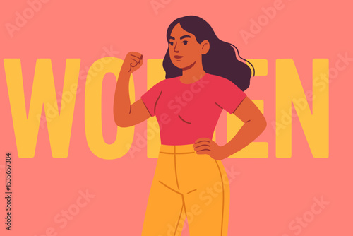 Empowered woman flexing her muscle in a 'we can do it' pose. Vector illustration about female strength, girl power, feminism, and gender equality. Motivational poster design.