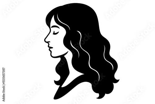 Woman face profile silhouette. Black and white vector logo icon for beauty salon, spa, cosmetics. Elegant girl with long wavy hair. Minimalist line art of a female head.