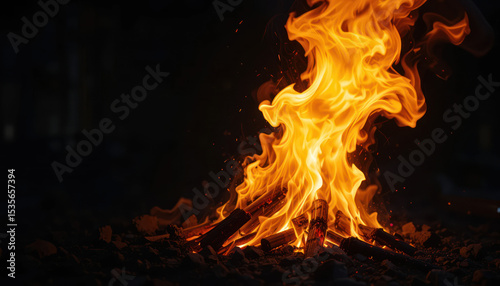 Intense Fire With Burning Charcoal Against Black Background	
