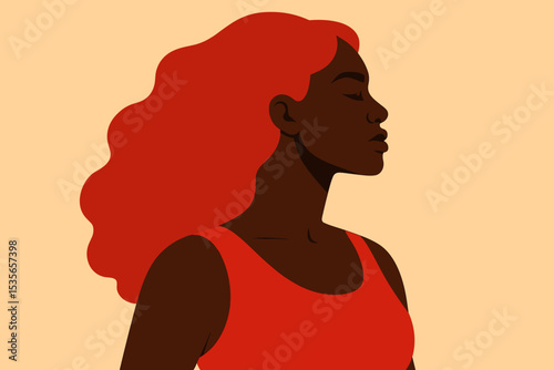 Profile portrait of a beautiful African woman with vibrant red hair. Serene black girl with closed eyes. Concept of female empowerment, self-love, mindfulness, and inner peace.