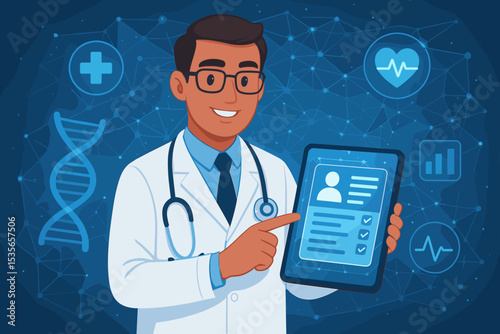 Digital healthcare innovation concept. Doctor uses tablet for electronic health record EMR. Telemedicine online consultation. Medical technology background with DNA, network, health icons.
