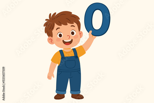 Happy smiling kid holding number 0. Cute boy character for educational materials. Learning numbers, counting, and math. Preschool alphabet with letter O. Isolated vector design.