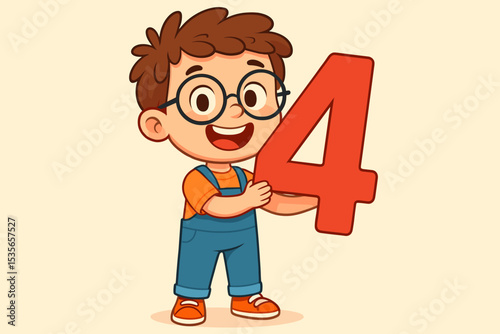 Happy cartoon boy holding the number four. Cute kid with glasses learning to count. Preschool math education concept. Fourth birthday illustration. Student learning numbers vector.