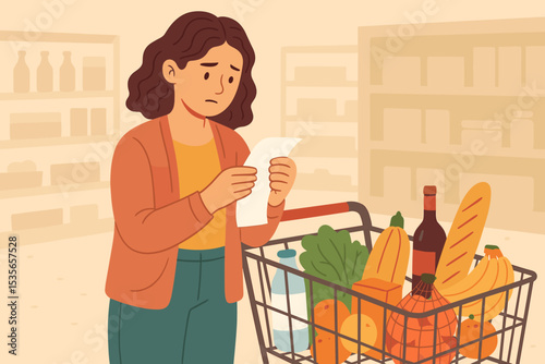 Worried woman shocked by long grocery receipt in supermarket. Concept of inflation, rising food prices, and financial stress. Sad customer checking expensive bill, budget crisis.