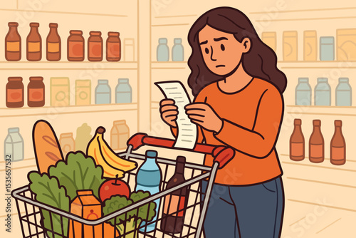 Worried woman looking at a long grocery receipt in a supermarket. Concept of inflation, rising food prices, and cost of living. Stressed consumer checking the expensive bill. Financial stress.