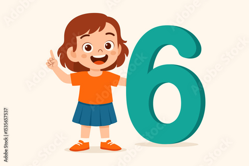 Cute little girl pointing at number six. Happy kid character learning counting and math for kindergarten. Preschool education concept. Child celebrating her 6th birthday party.