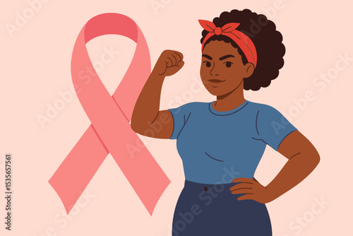 Strong black woman in Rosie the Riveter pose for Breast Cancer Awareness. Pink ribbon symbol for hope, fight, and survival. Female empowerment, feminism, and solidarity concept.