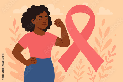 Breast cancer awareness month vector. Strong African American woman flexing bicep with pink ribbon. Concept of hope, survival, empowerment, solidarity and women's health support.