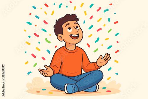 Happy cartoon boy sits surrounded by colorful confetti. A moment of inspiration, success, and celebration. Child looking up with joy, imagination, and wonder. Concept for creative ideas.