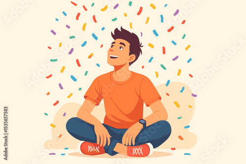 Happy young man celebrating success under falling confetti. Joyful cartoon character feeling inspired and optimistic. Vector illustration of achievement, winning, and celebration.