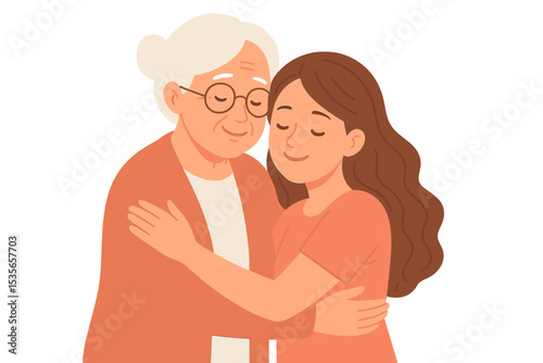 An adult daughter lovingly hugs her elderly mother or grandmother. A warm embrace between two generations. Family relationship concept showing love, care, support, and tenderness. Vector.