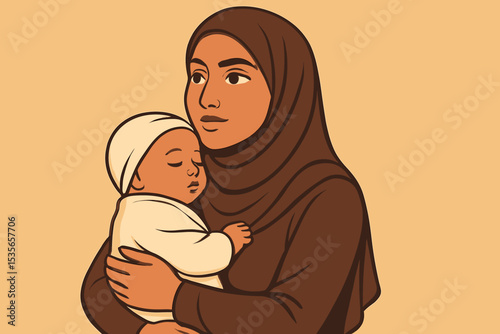 Muslim mother in hijab holding her sleeping newborn baby. A loving embrace symbolizing motherhood and family. Islamic woman and child for Mother's Day. Vector illustration of care.