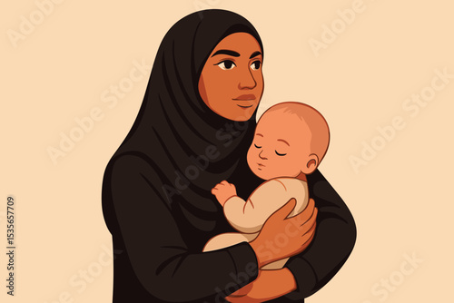 Loving Muslim mother in a black hijab tenderly holds her sleeping newborn baby. A beautiful embrace celebrating motherhood, maternal bond, Islamic family, and diverse parenting.