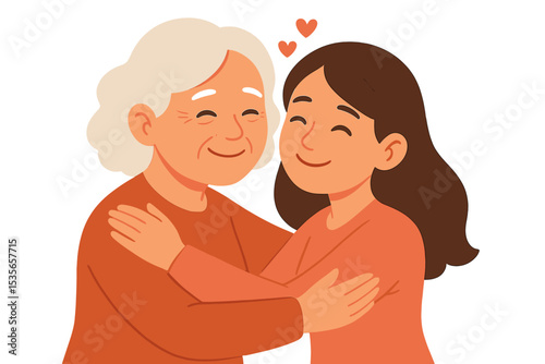 Happy Mother's Day illustration. Adult daughter hugging her elderly mother. Two generations showing love and affection. Family embrace. Grandmother and granddaughter together.