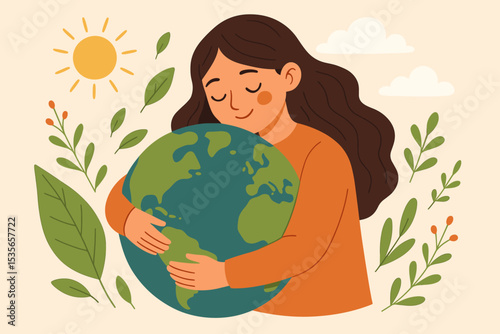Woman lovingly hugging planet Earth. Concept for Earth Day, environmental protection, conservation and ecology. Save the planet. Vector illustration for sustainability and nature care.